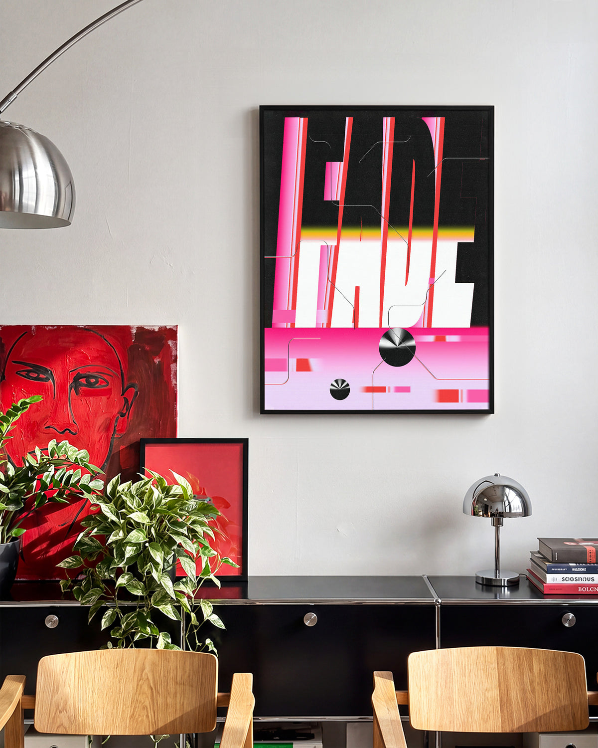 Fade retro typography poster in a black frame on a wall