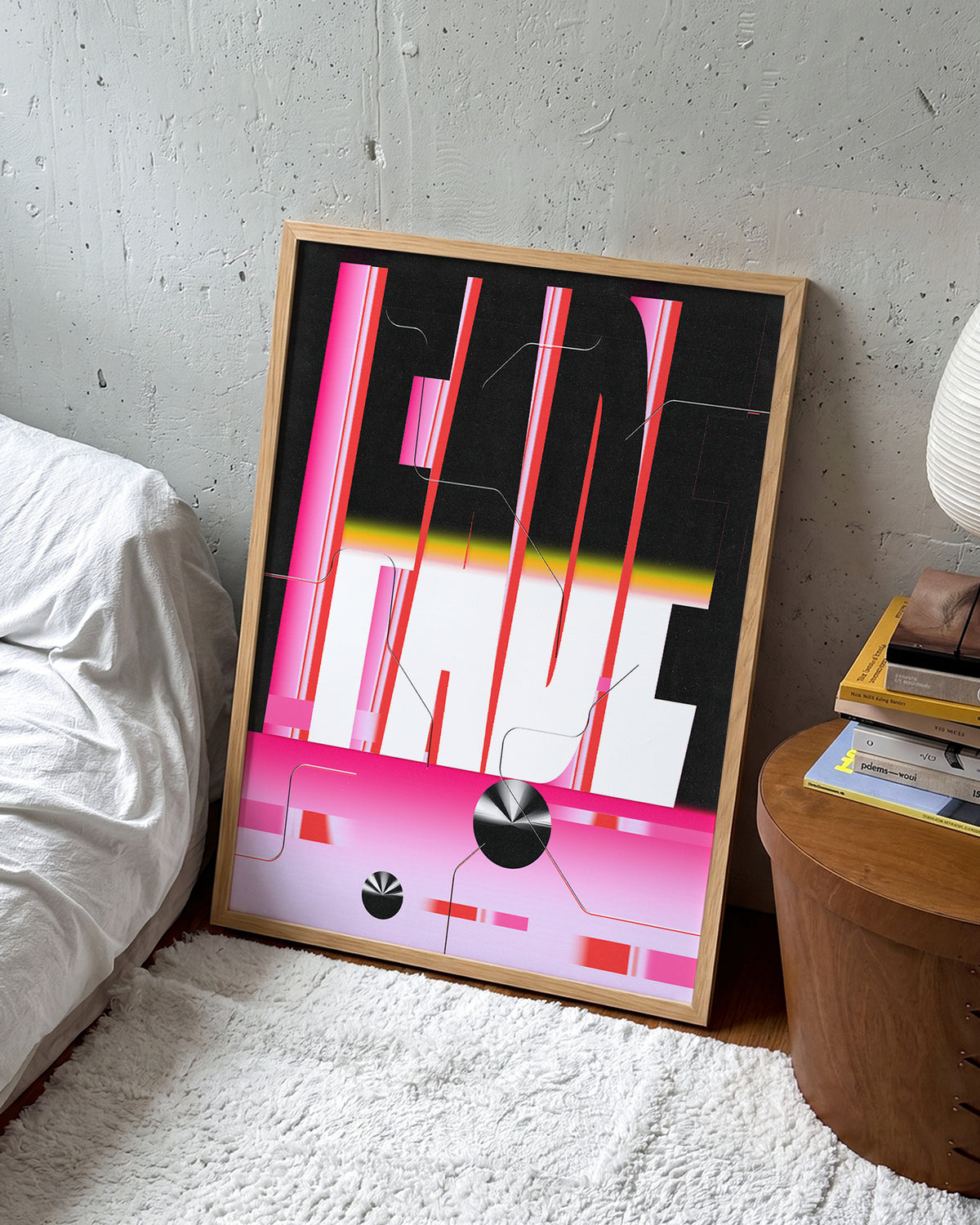 Fade retro typography poster in an oak frame on a wall