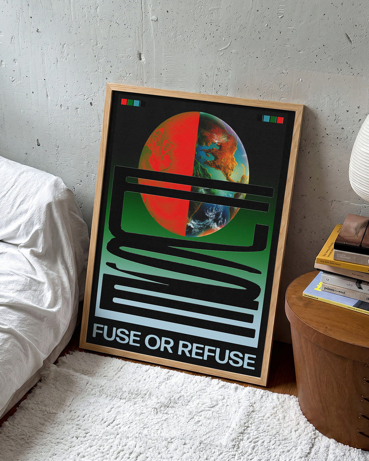 Fuse or Refuse retro typography poster in an oak frame on a wall