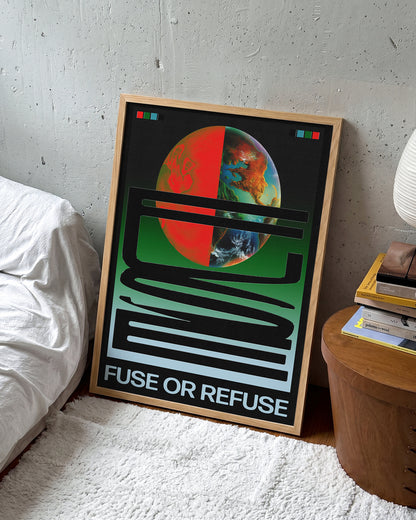 Fuse or Refuse retro typography poster in an oak frame on a wall