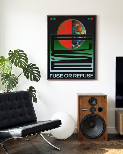 Fuse or Refuse retro typography poster in a walnut frame on a wall