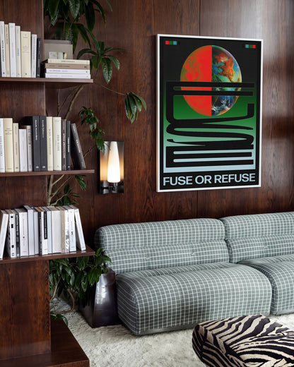Fuse or Refuse retro typography poster in a white frame on a wall