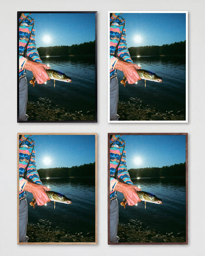 First Catch fishing photography print shown in all frame colours