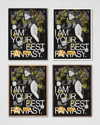 Best Fantasy typography quote print shown in all frame colours