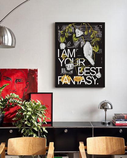 Best Fantasy typography quote print in a black frame on a wall