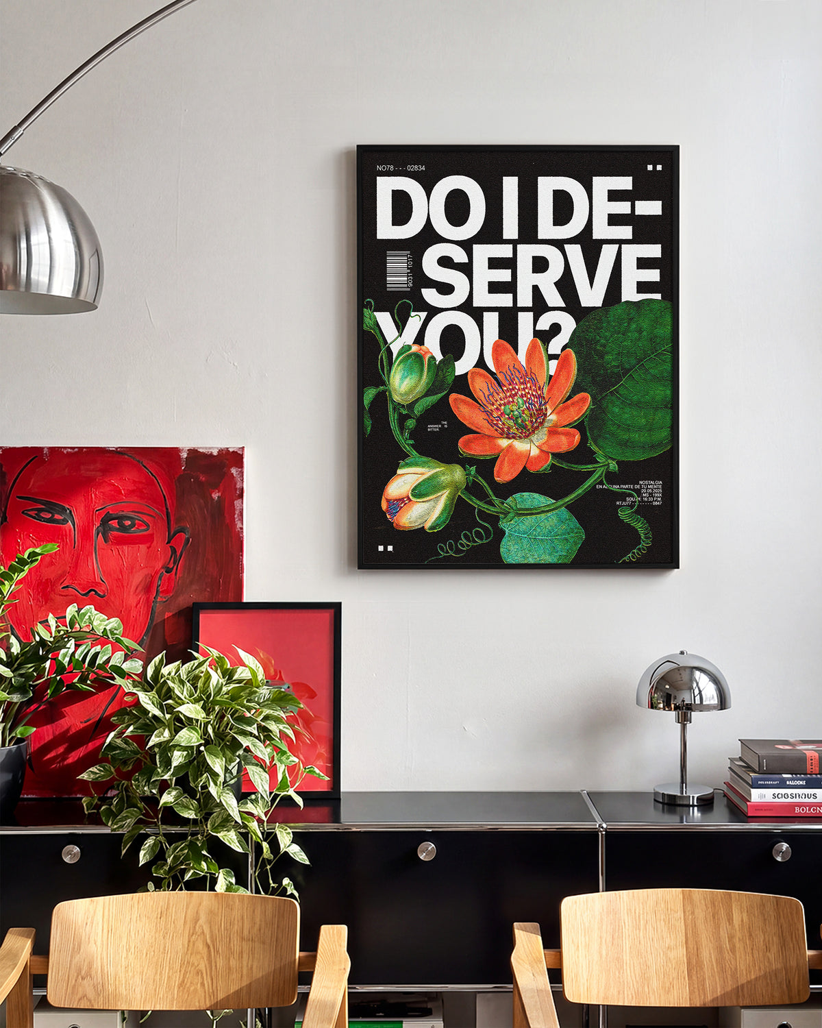 Durian fruit typography print in a black frame on a wall