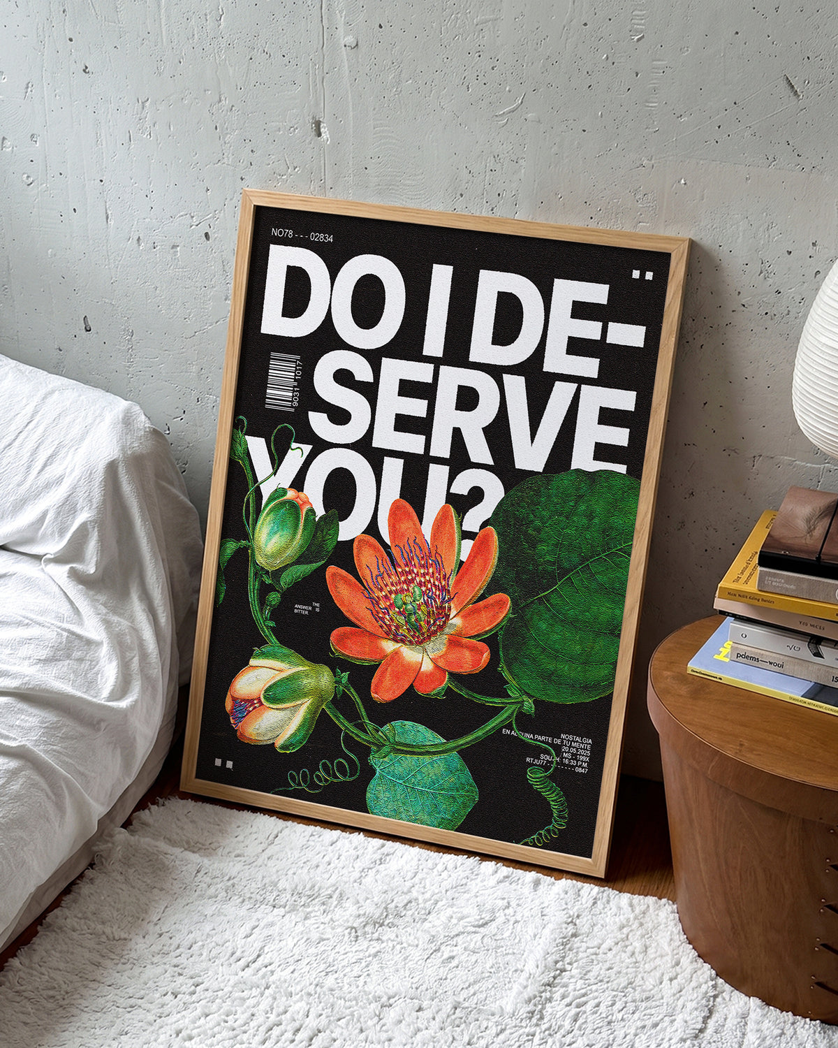 Durian fruit typography print in an oak frame on a wall