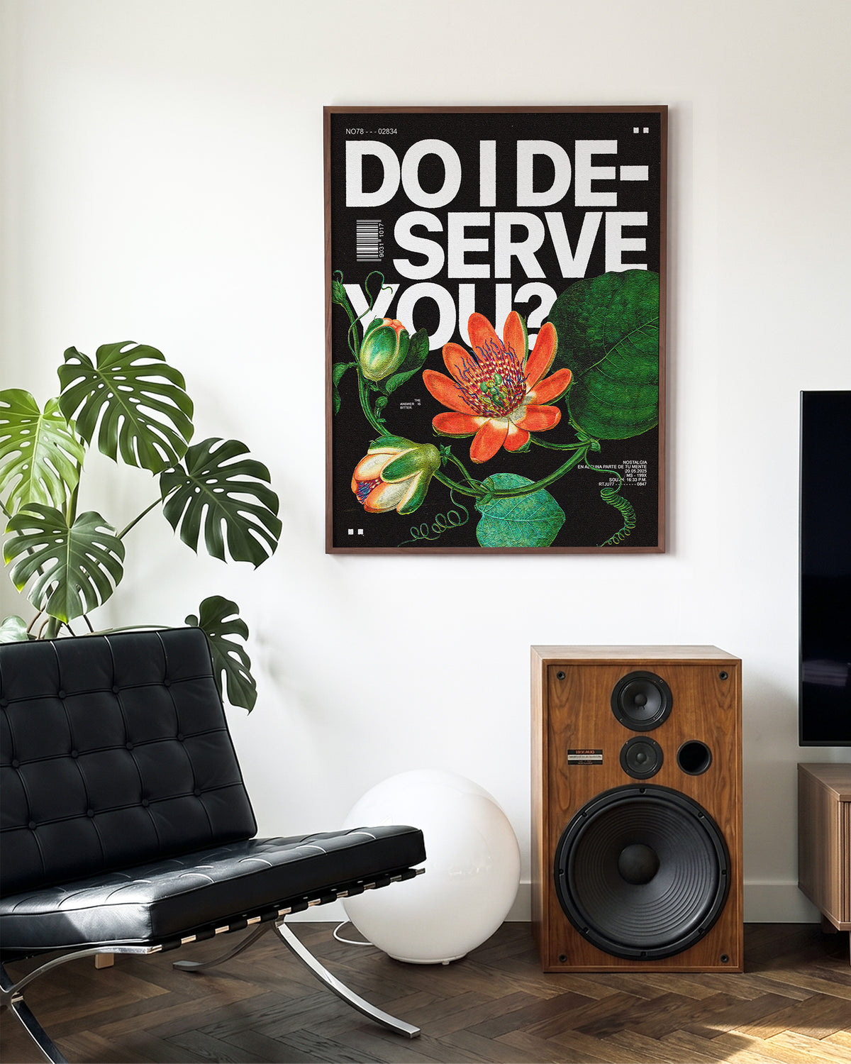 Durian fruit typography print in a walnut frame on a wall