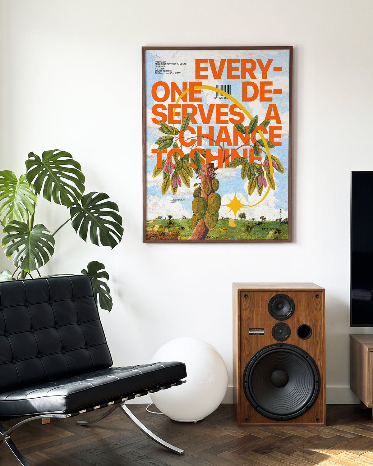 Día de Verano summer typography print in a walnut frame on a wall