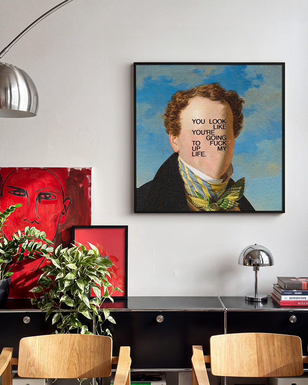 F*CK my life up typography quote print in a black frame on a wall