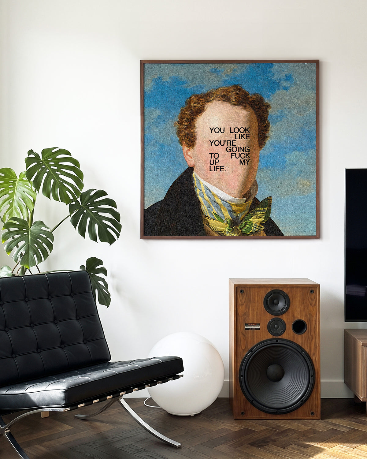 F*CK my life up typography quote print in a walnut frame on a wall