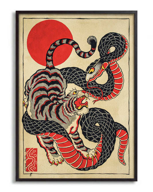 Snake and tiger - no background framed - black