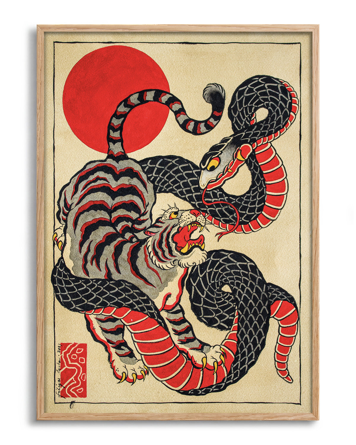 Snake and tiger - no background framed - oak