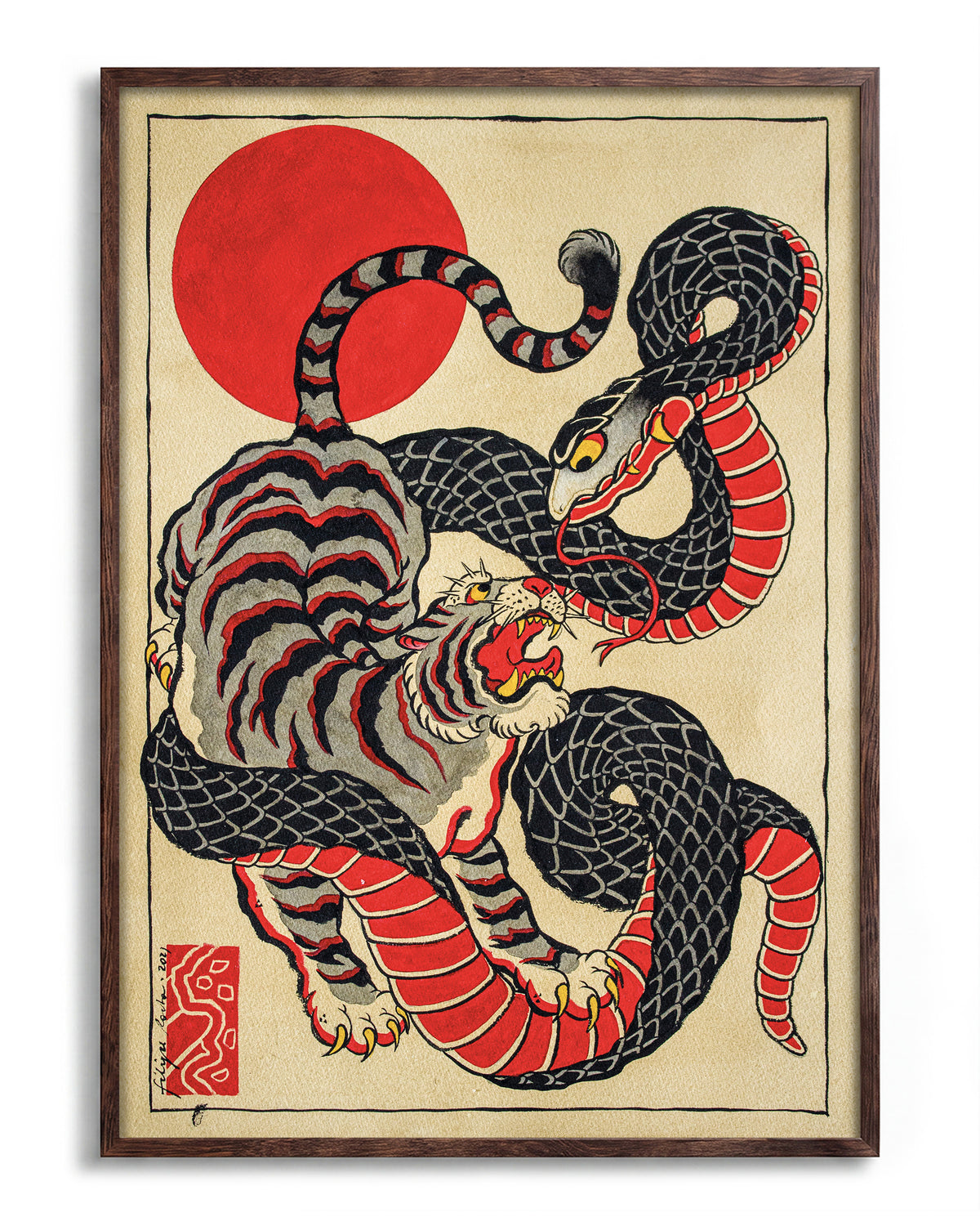 Snake and tiger - no background framed - walnut