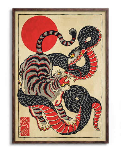 Snake and tiger - no background framed - walnut