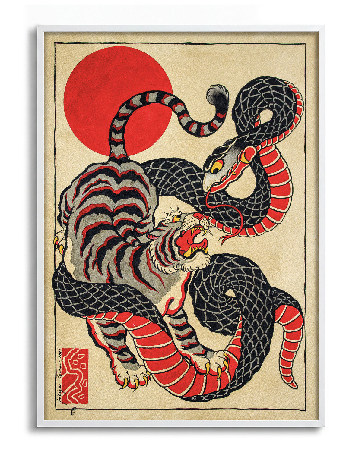 Snake and tiger - no background framed - white
