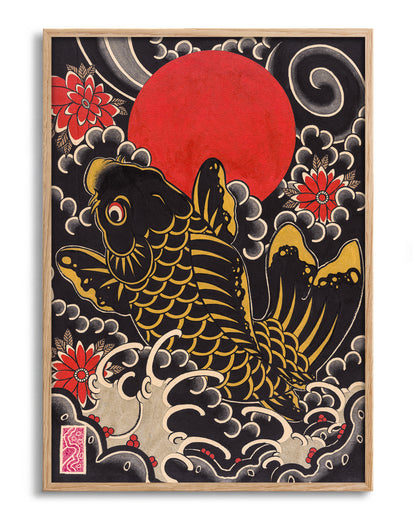 Koi and Kiku - no background framed - oak