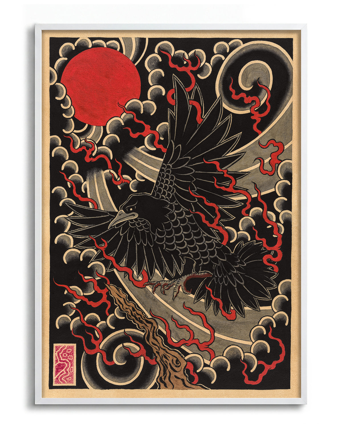 Black crow - no background framed - white
