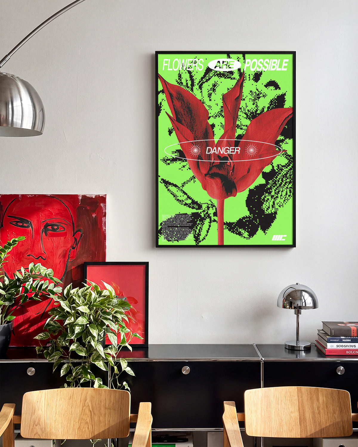 Flower Danger retro typography poster in a black frame on a wall