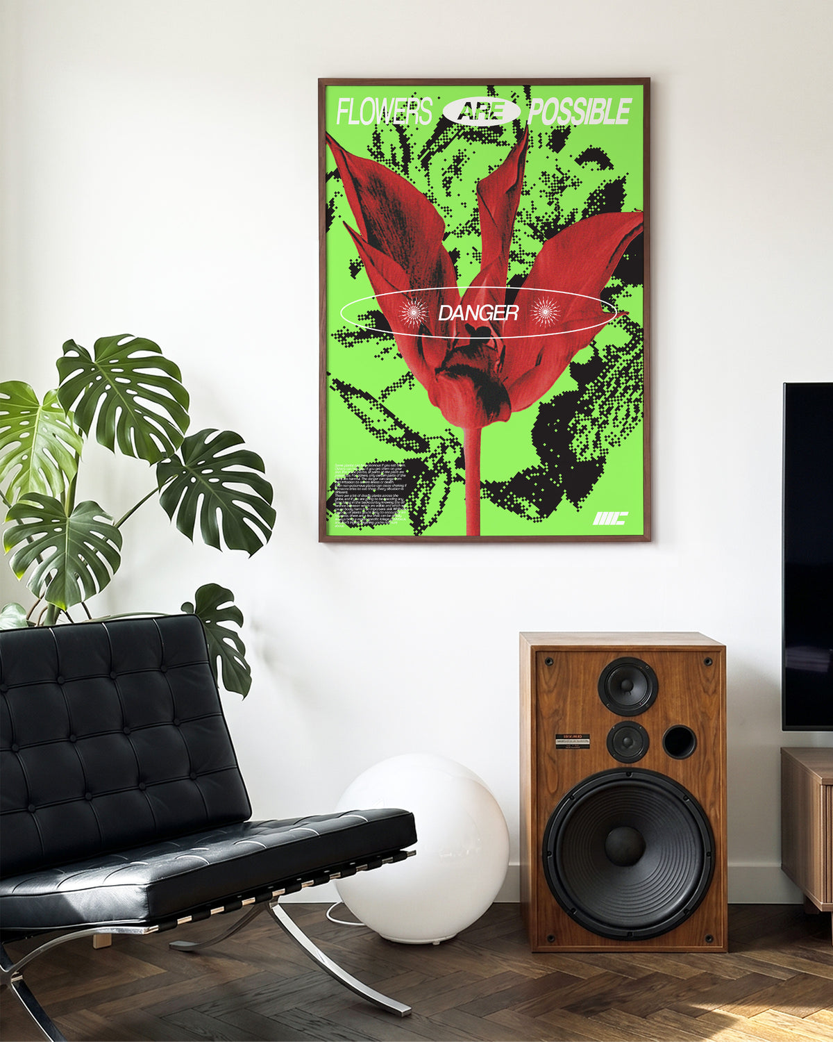 Flower Danger retro typography poster in a walnut frame on a wall