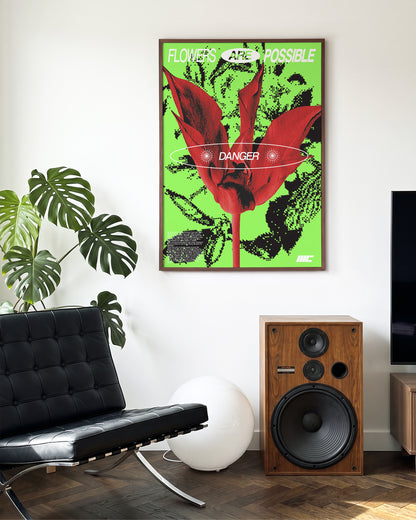 Flower Danger retro typography poster in a walnut frame on a wall