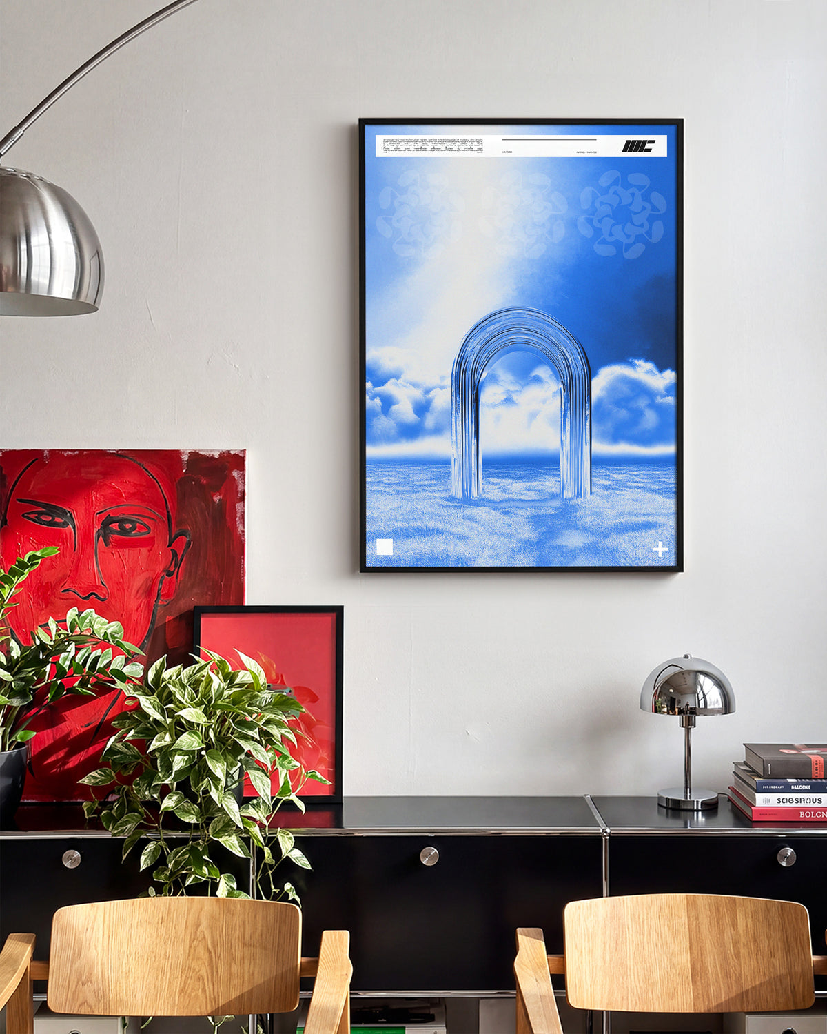 Door to Another World retro space art print in a black frame on a wall