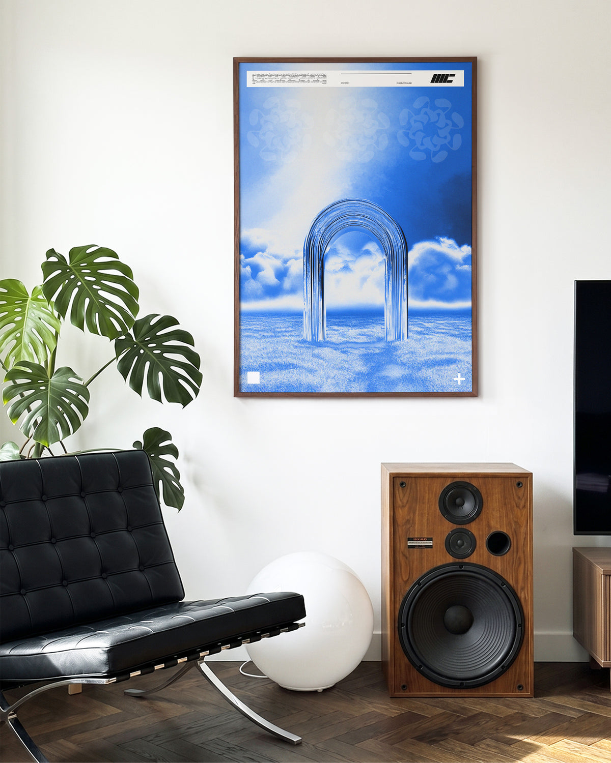 Door to Another World retro space art print in a walnut frame on a wall