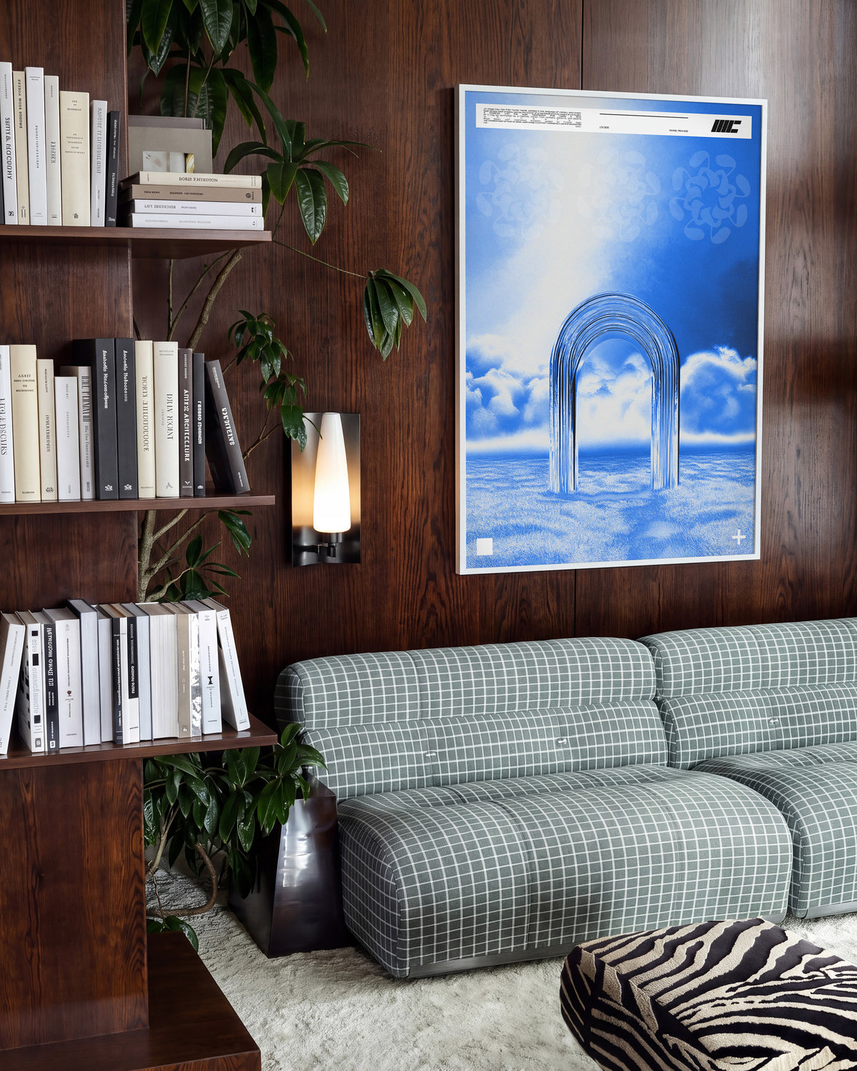 Door to Another World retro space art print in a white frame on a wall