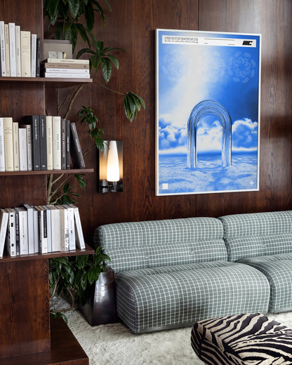 Door to Another World retro space art print in a white frame on a wall