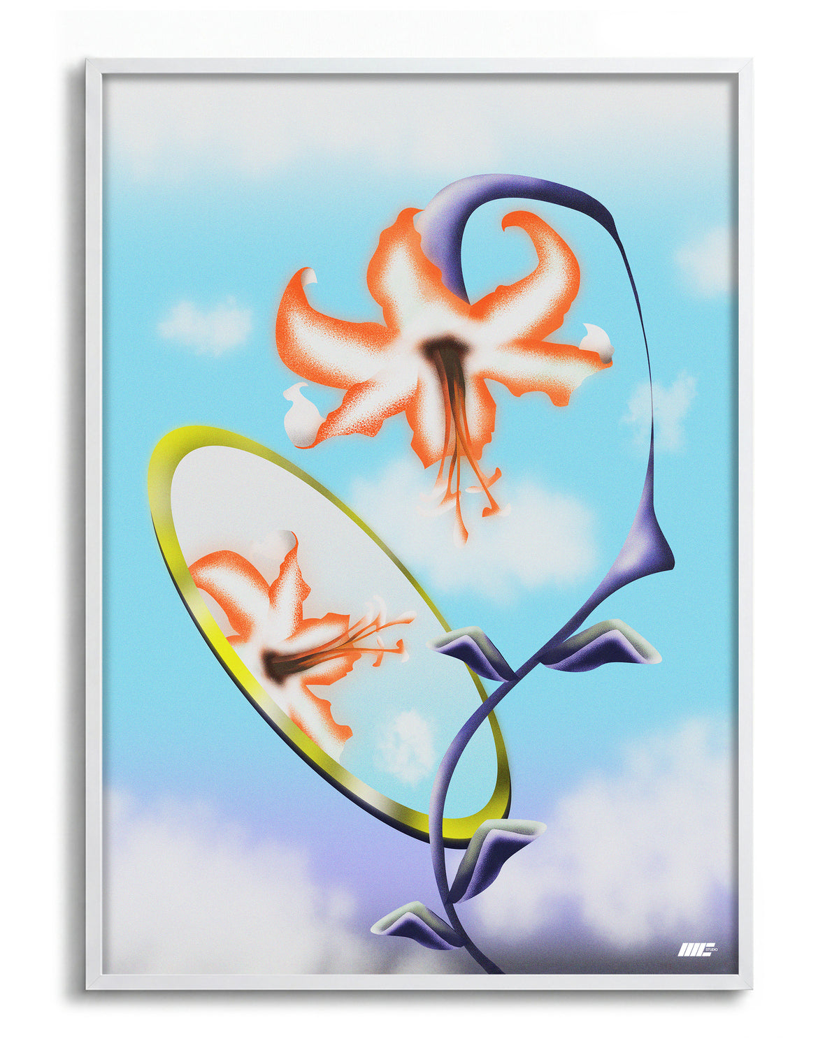 Blooming in the Mirror - no background framed - white