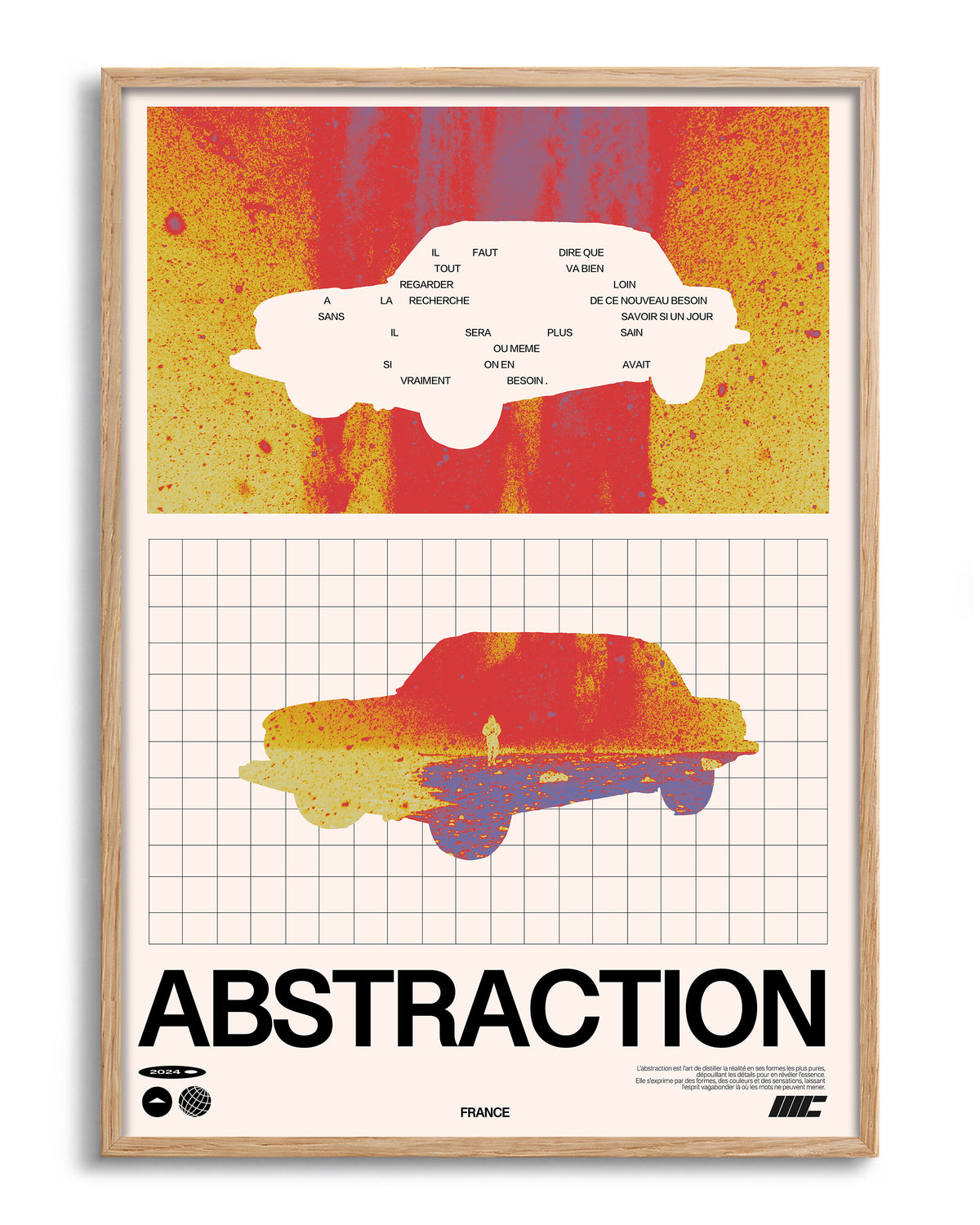Abstraction retro graphic design print in an oak frame