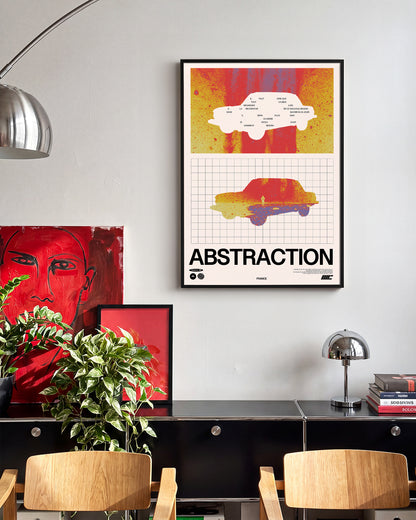 Abstraction retro graphic design print in a black frame on a wall