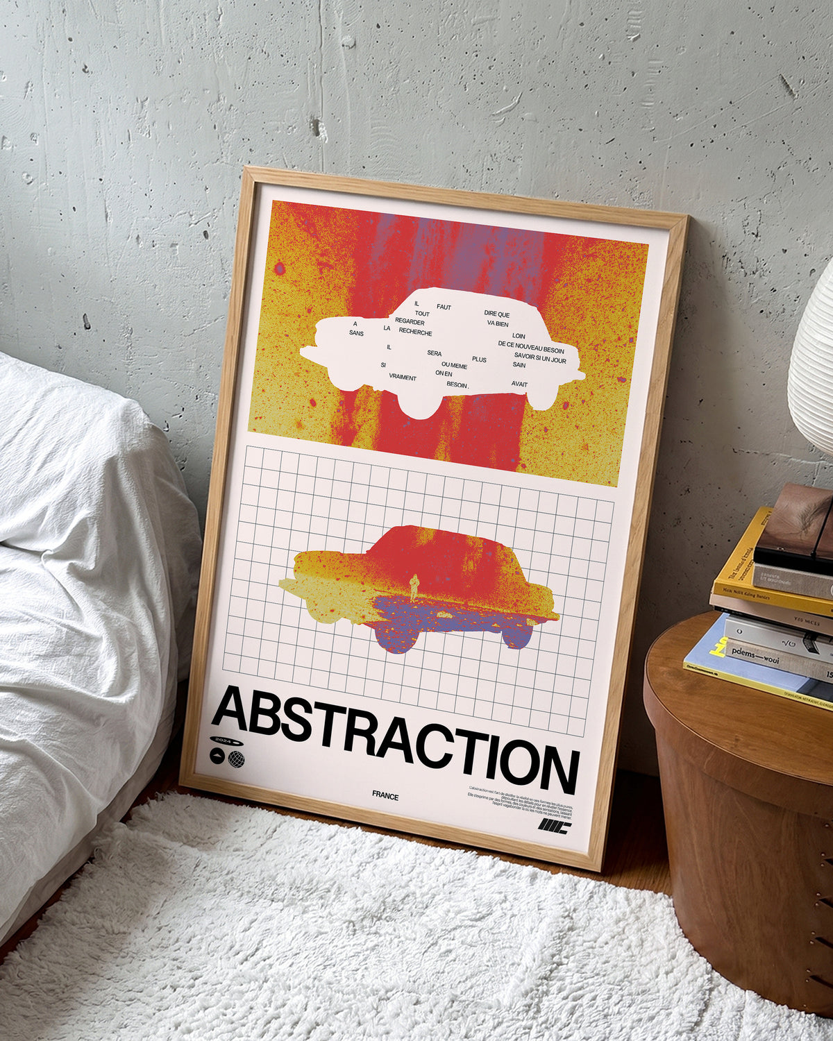 Abstraction retro graphic design print in an oak frame on a wall