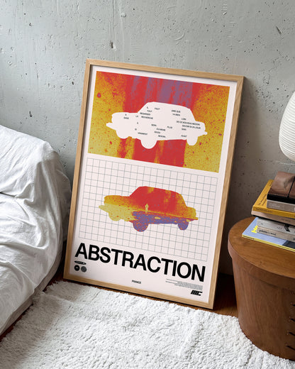 Abstraction retro graphic design print in an oak frame on a wall