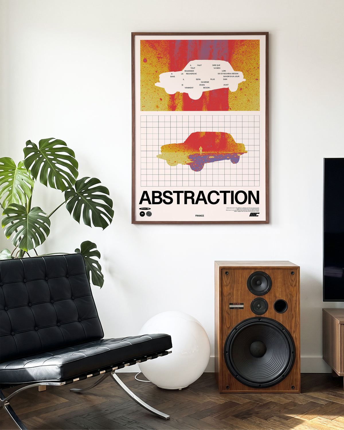 Abstraction retro graphic design print in a walnut frame on a wall