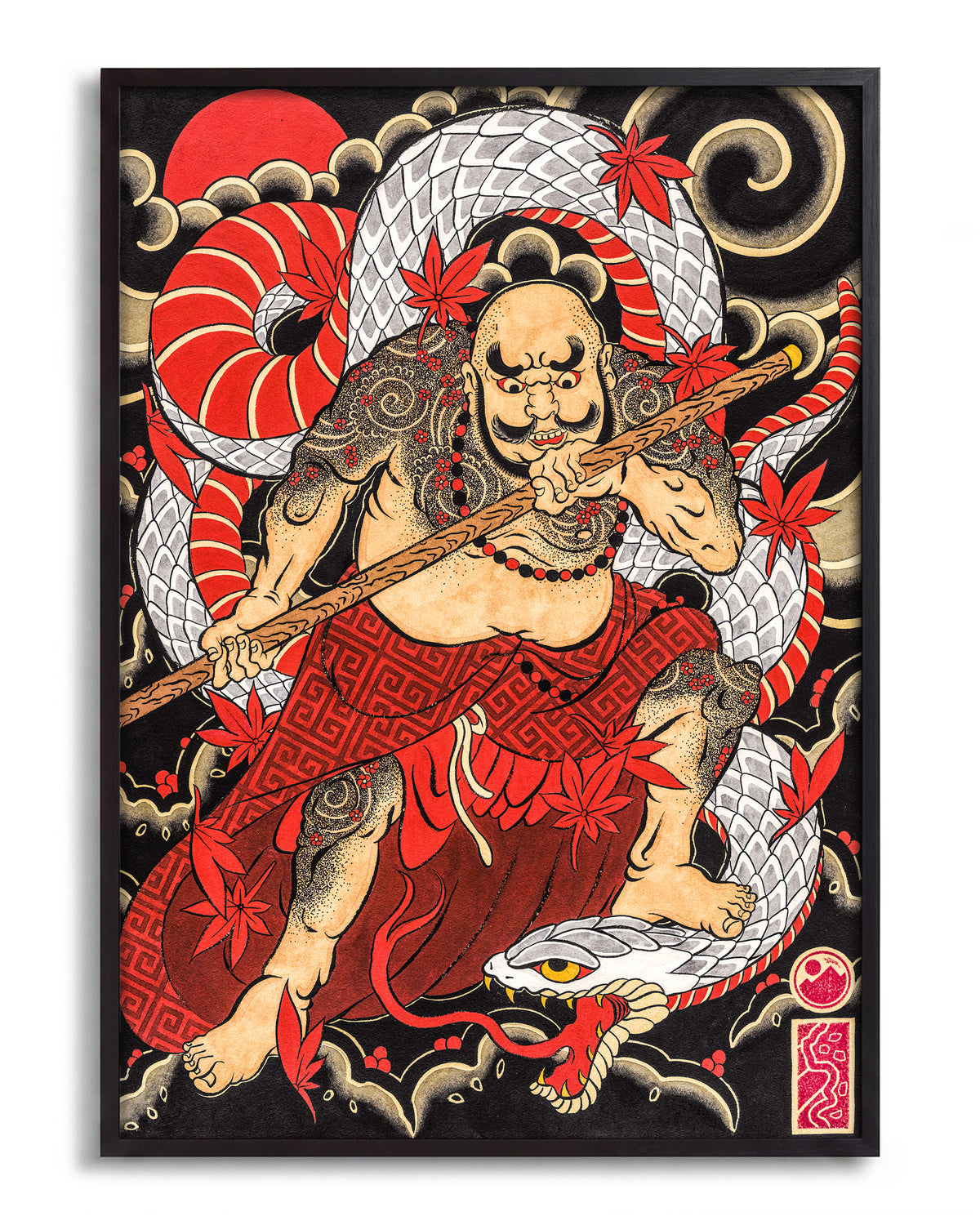 Samurai & Snake - no background framed - black