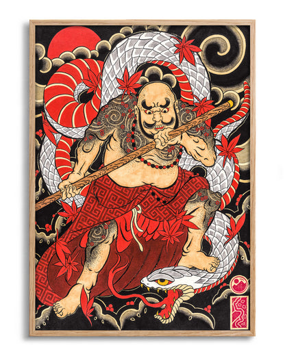 Samurai & Snake - no background framed - oak