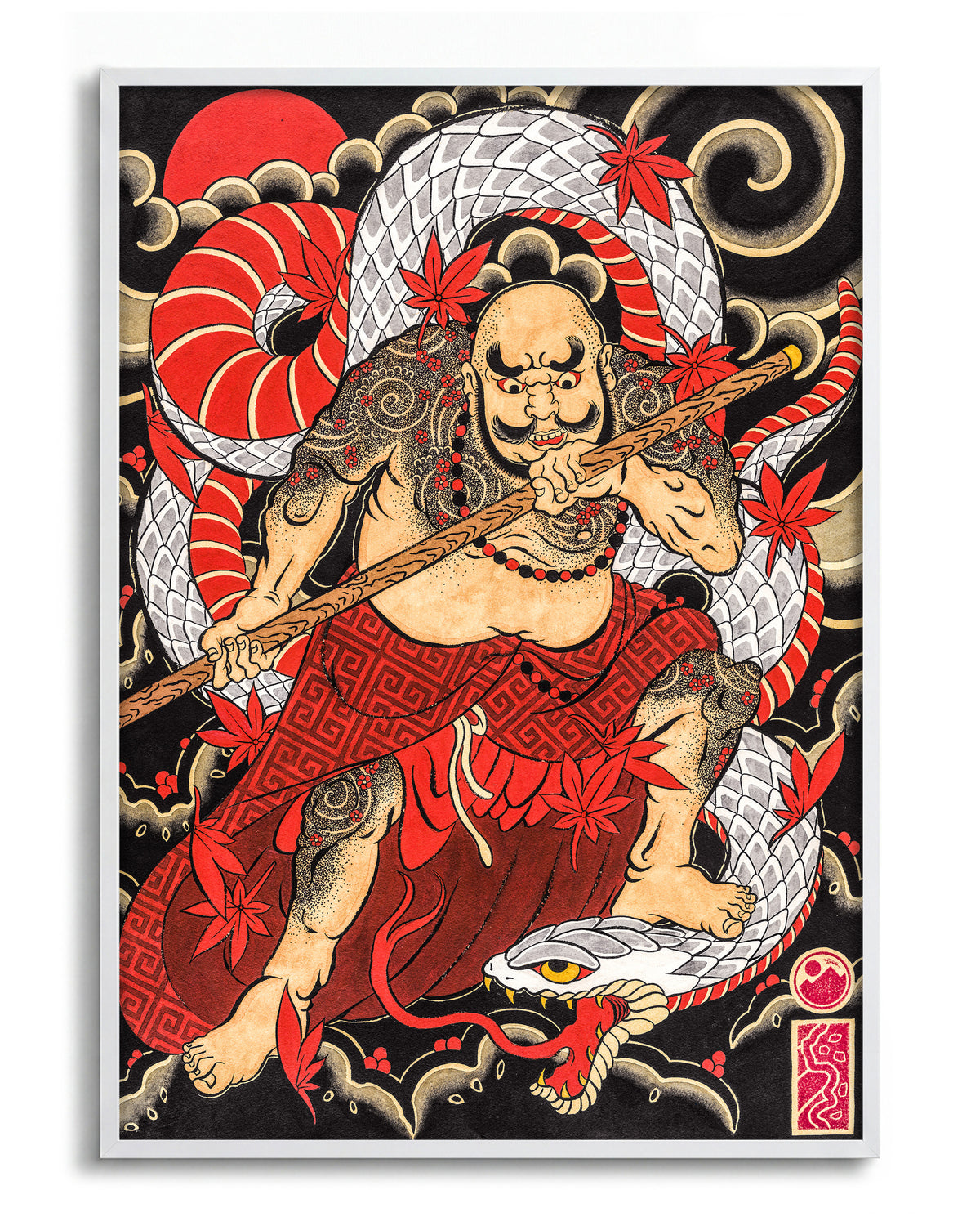 Samurai & Snake - no background framed - white