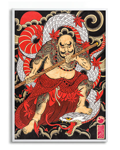 Samurai & Snake - no background framed - white