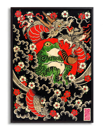 Dragon, Frog & Sakura - no background framed - black
