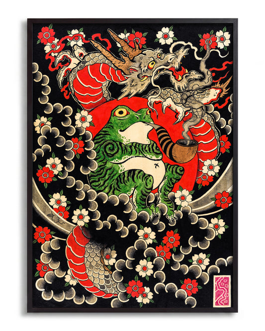 Dragon, Frog & Sakura - no background framed - black