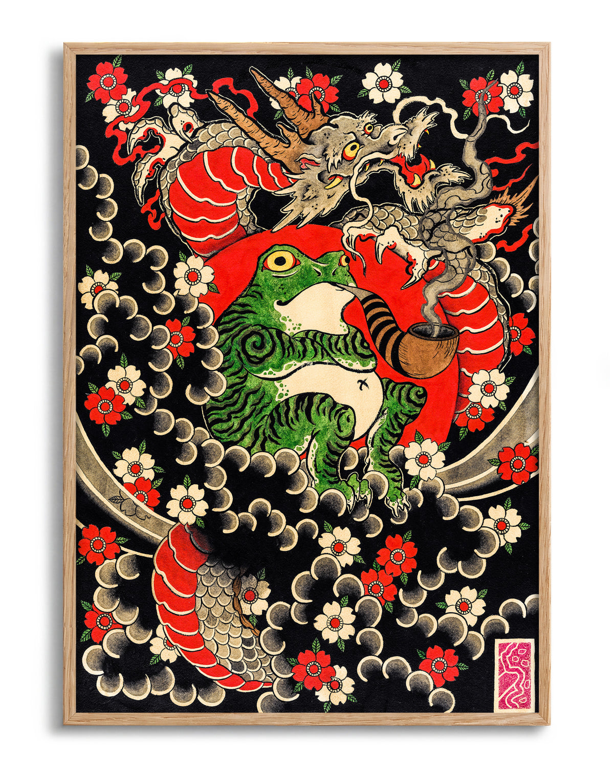 Dragon, Frog & Sakura - no background framed - oak
