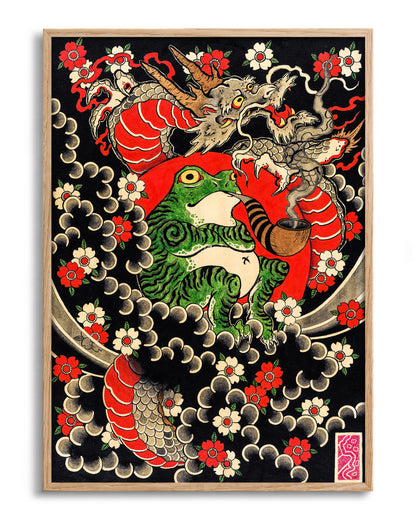 Dragon, Frog & Sakura - no background framed - oak