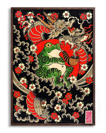 Dragon, Frog & Sakura - no background framed - walnut