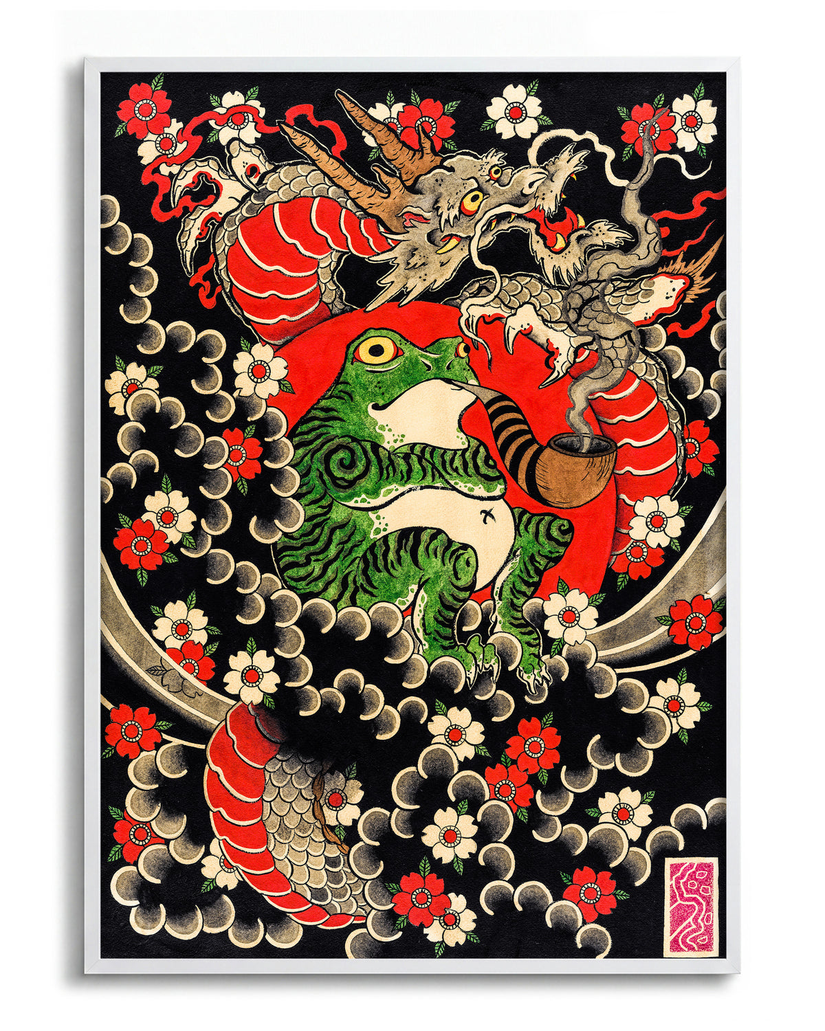 Dragon, Frog & Sakura - no background framed - white