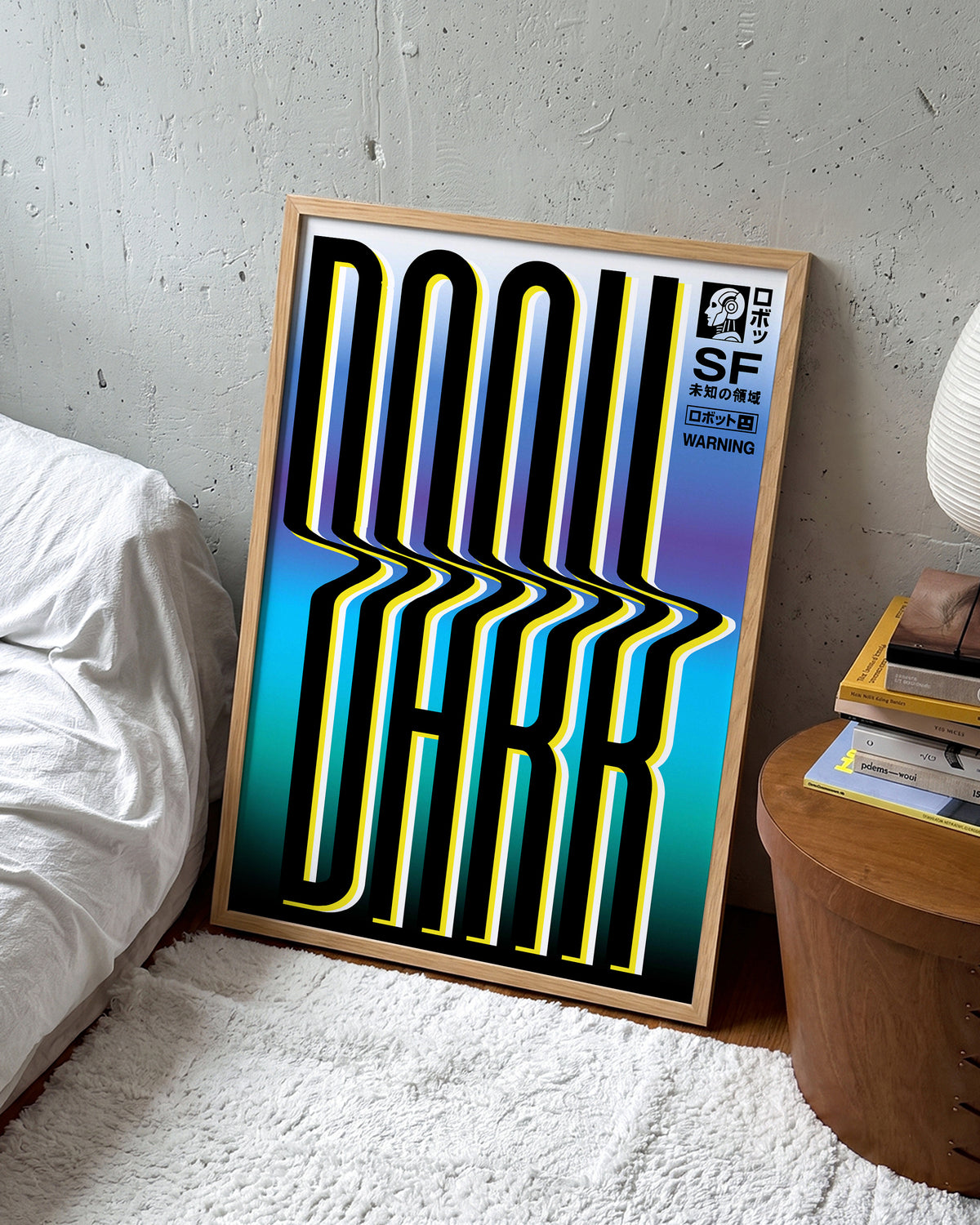 Dark Japanese abstract poster in an oak frame on a wall