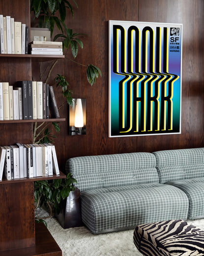 Dark Japanese abstract poster in a white frame on a wall