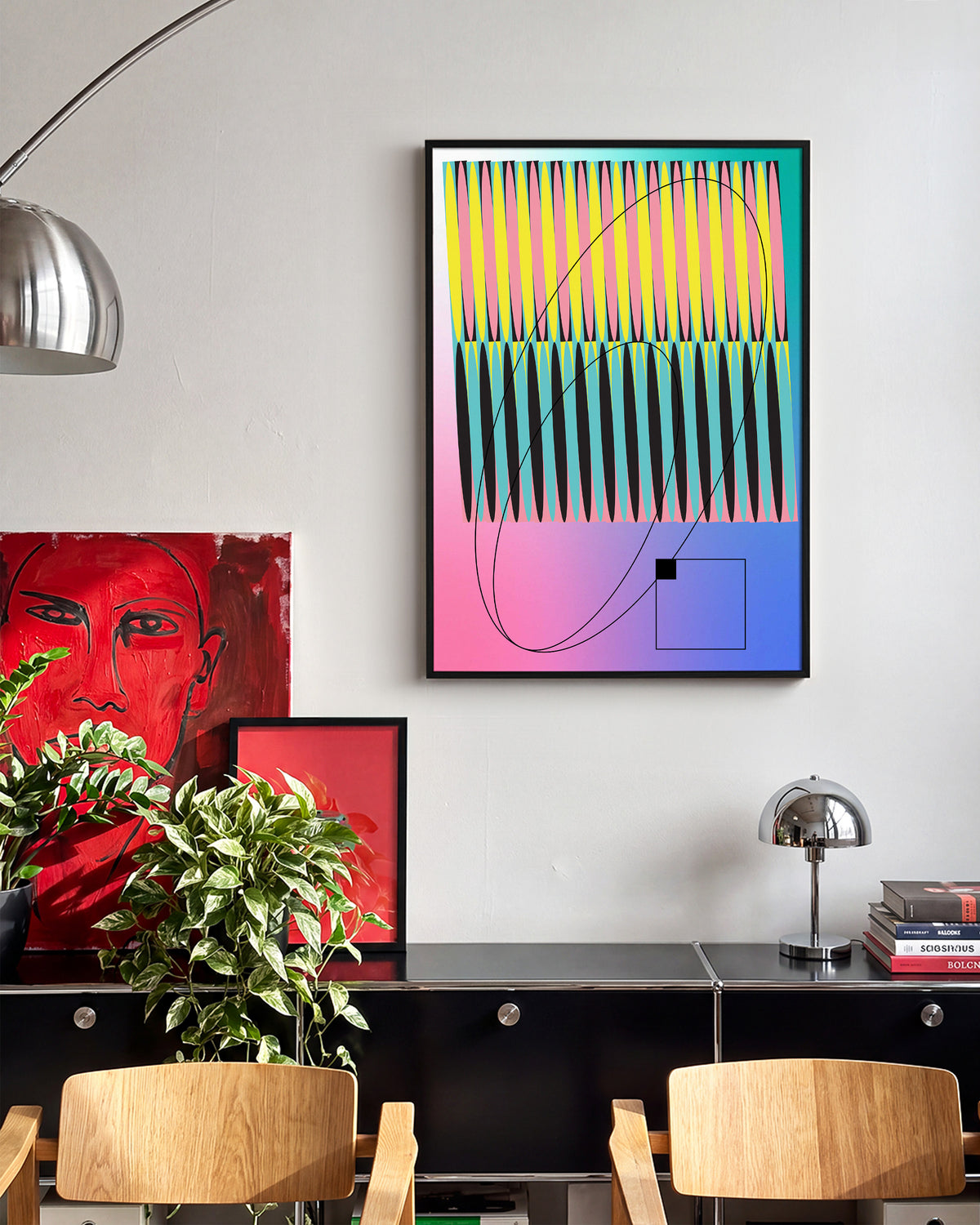 Color Module pop art abstract print in a black frame on a wall