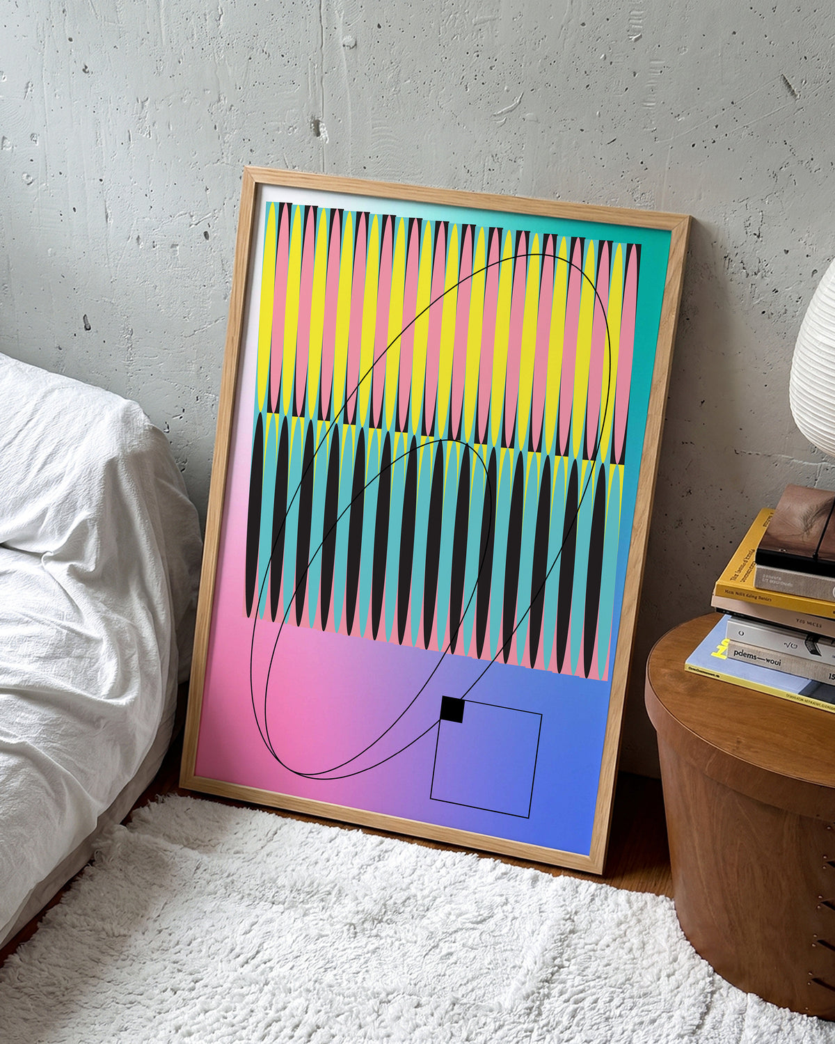Color Module pop art abstract print in an oak frame on a wall