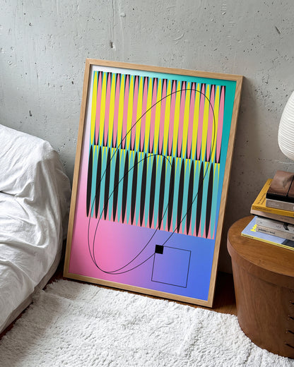 Color Module pop art abstract print in an oak frame on a wall